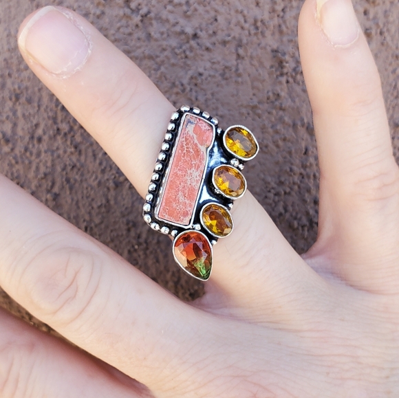 New Sea Sediment, Citrine, Tourmaline 925 Silver Ring. - Picture 9 of 16